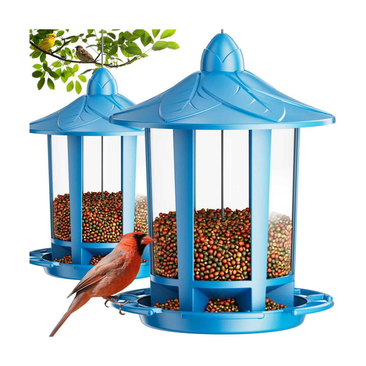 Birdream 2 Pack Bird Feeders for Outdoor Hanging, Assembly Required, 1-Min Easy Setup, Charming Castle Design, Attracting Cardinals Chickadees Goldfinches & Sparrows - Blue