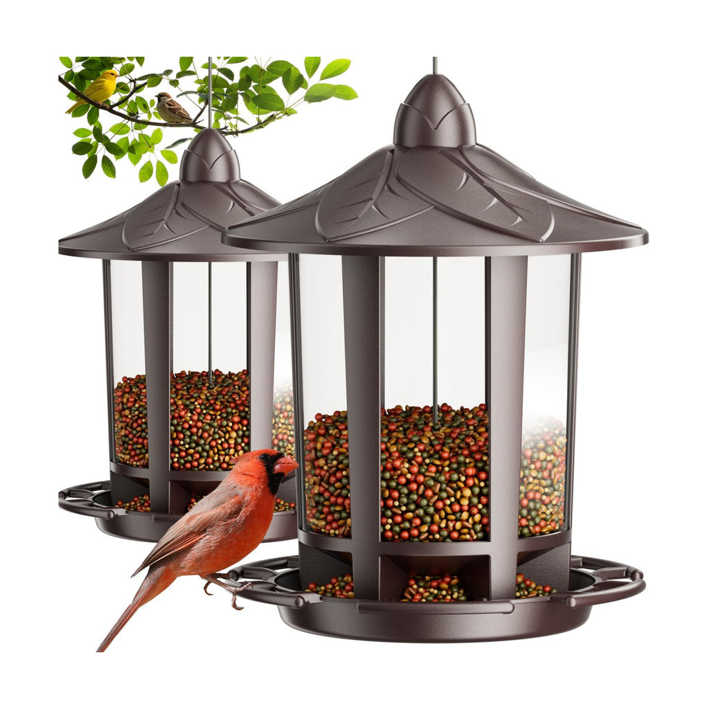 Birdream 2 Pack Bird Feeders for Outdoor Hanging, Assembly Required, 1-Min Easy Setup, Charming Castle Design, Attracting Cardinals Chickadees Goldfinches & Sparrows - Brown