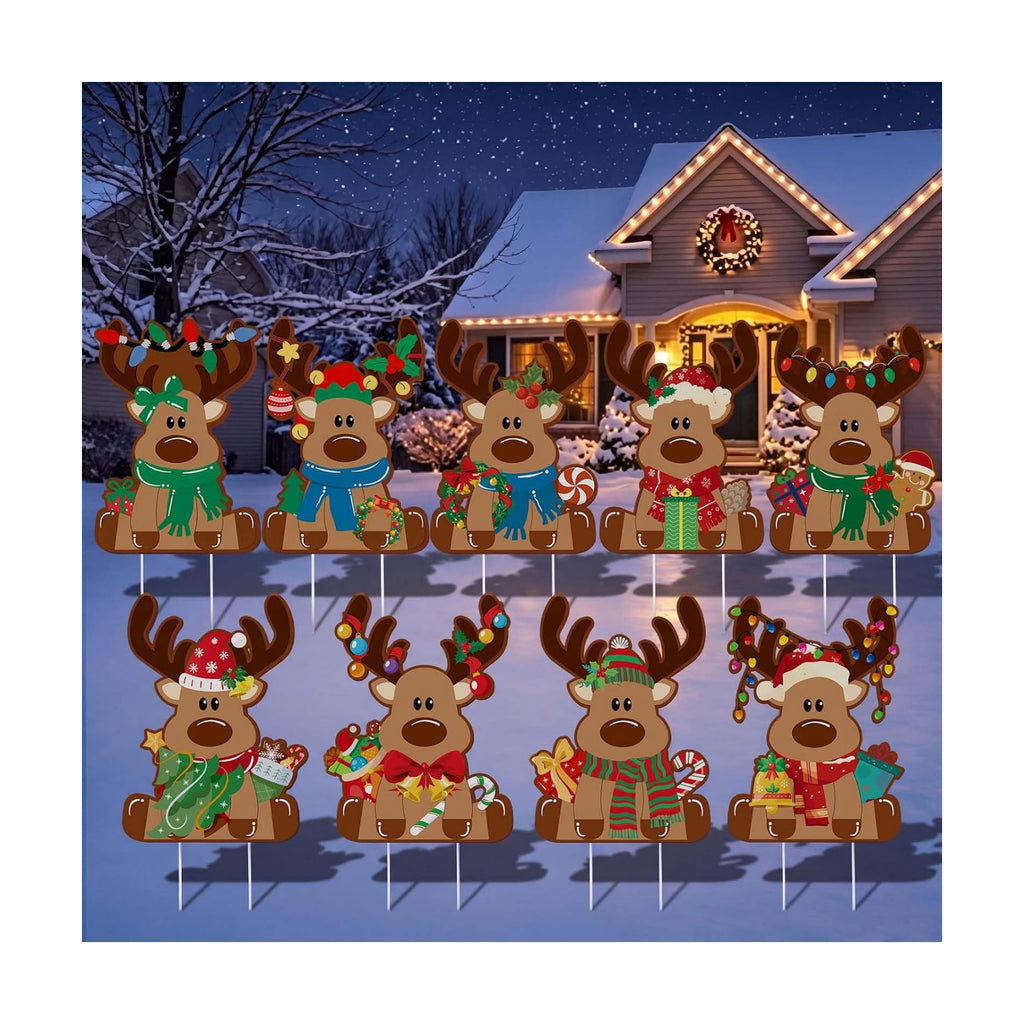 Weysat 9 Pcs Reindeer Christmas Yard Signs with Stakes, Elk Decoration