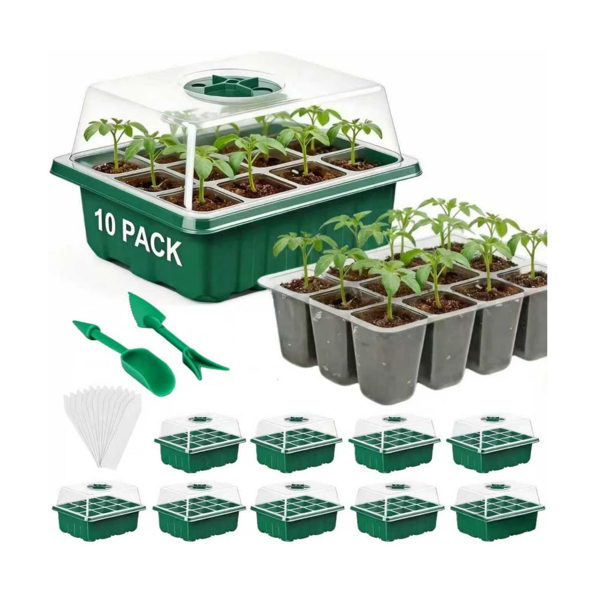 10 Pack Seed Starter Trays, 120 Cells with Humidity Domes and Base Trays