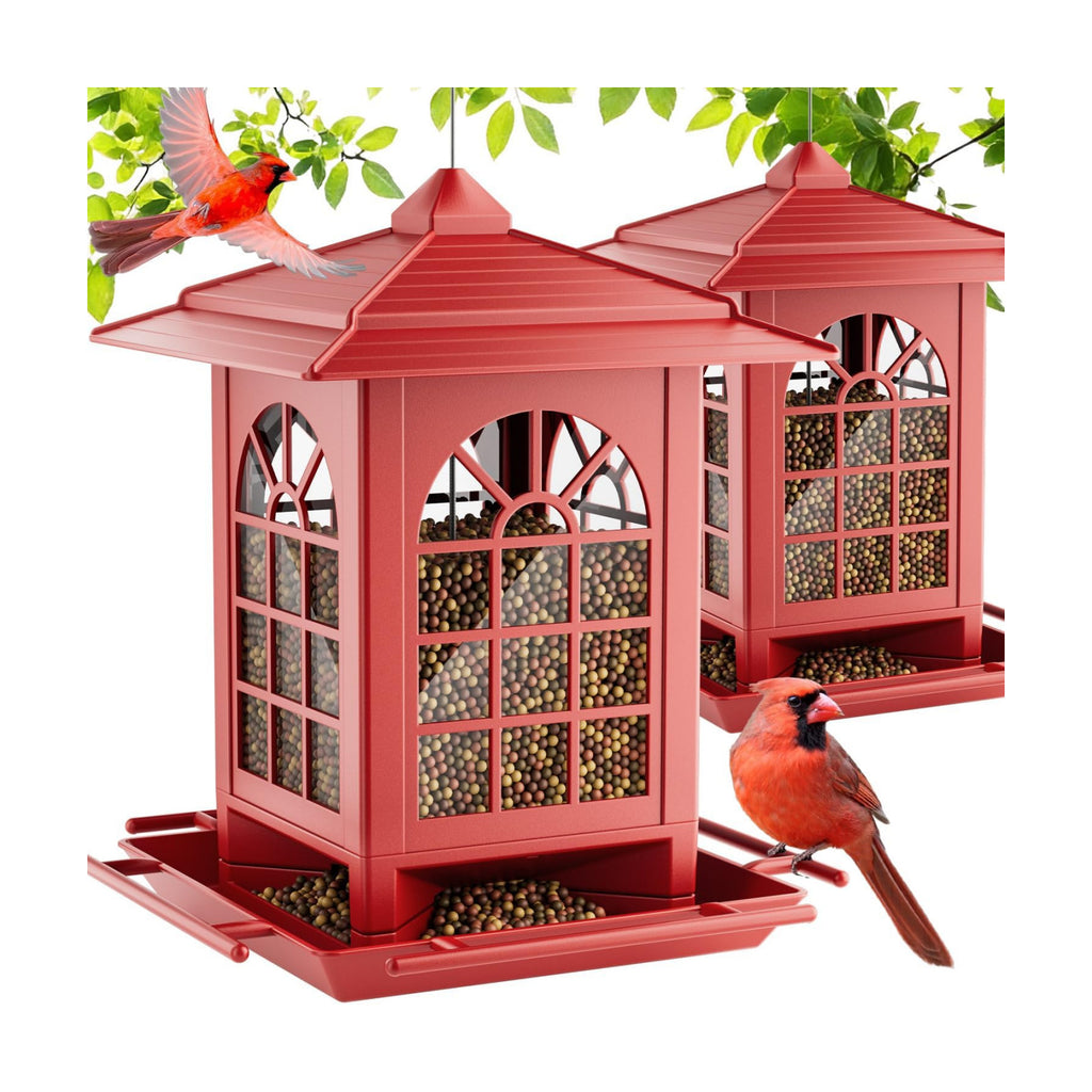 Birdream 2 Pack Bird Feeders for Outdoor Hanging, Assembly Required, 1-Min Easy Setup, Classic Courtyard Design, Attracting Cardinals Chickadees Goldfinches & Sparrows - Red