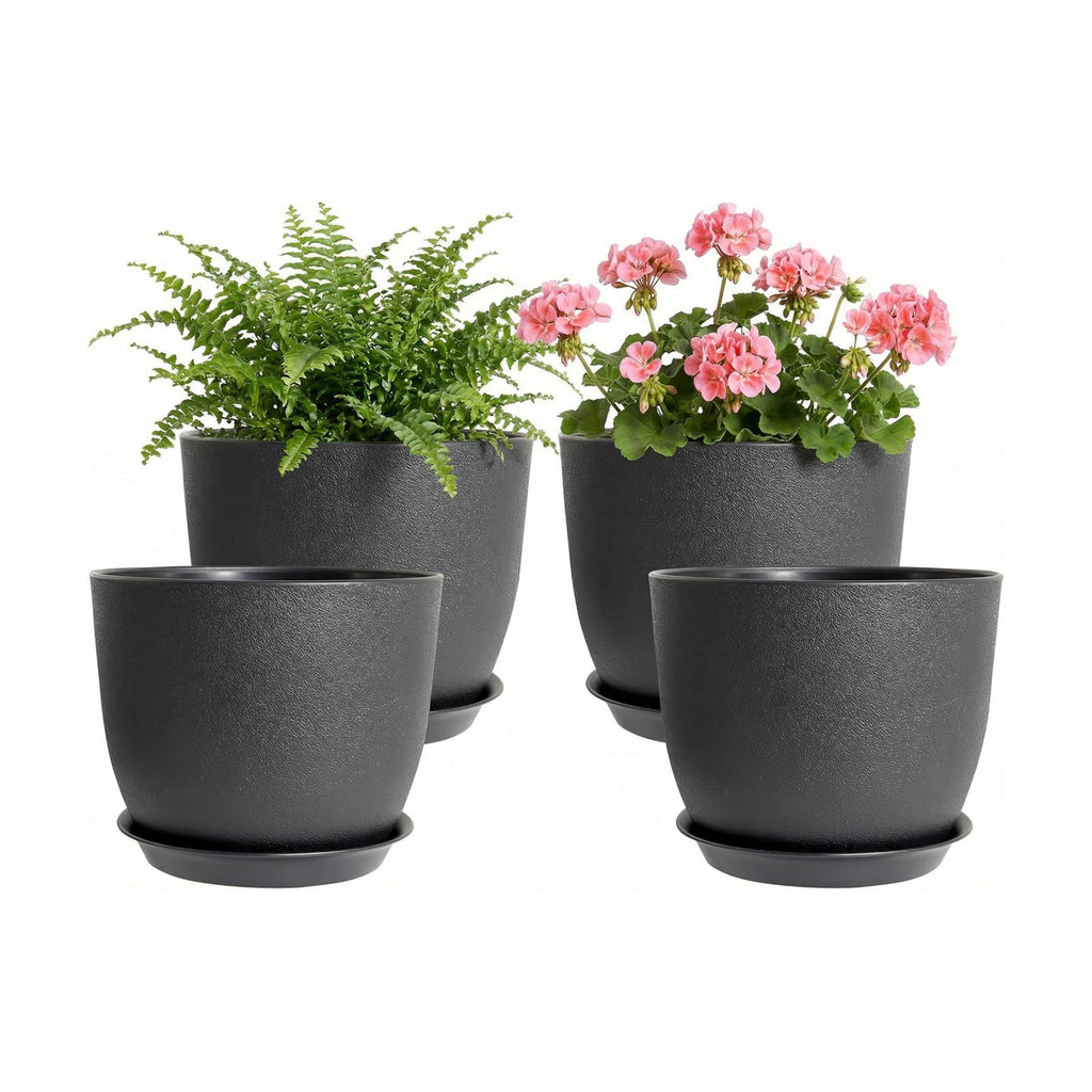 8 Inch Plant Pots Set of 4, Plastic Planters with Drainage Holes and Tray, Flower Pots for Indoor Outdoor Plants and