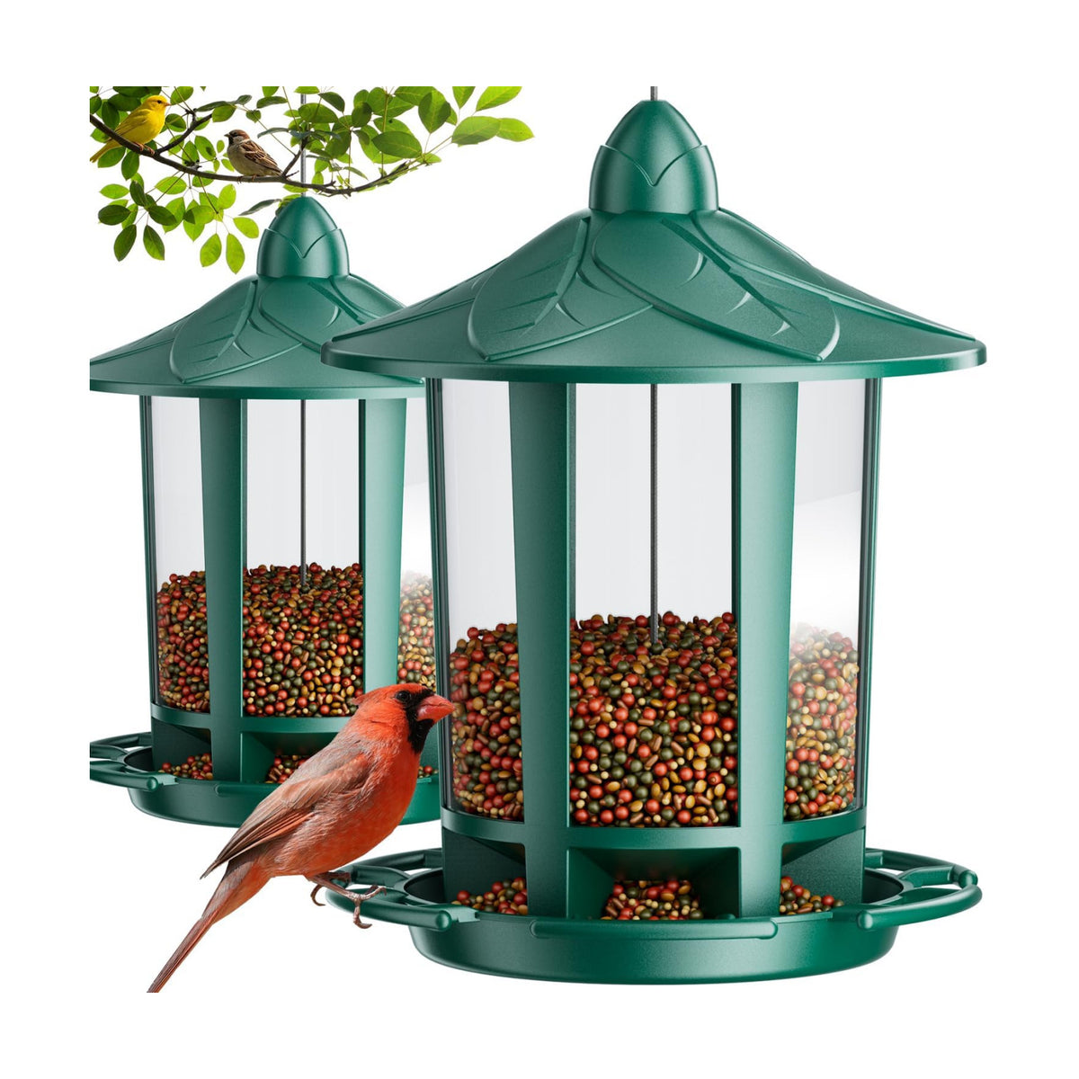 Birdream 2 Pack Bird Feeders for Outdoor Hanging, Assembly Required, 1-Min Easy Setup, Charming Castle Design, Attracting Cardinals Chickadees Goldfinches & Sparrows - Green