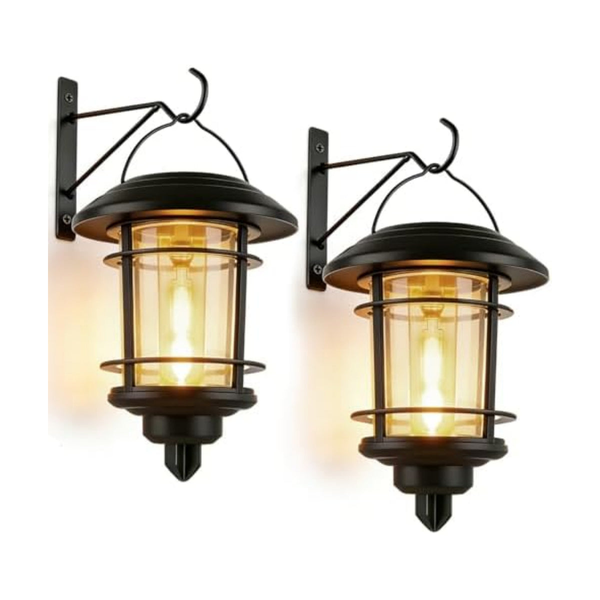 Dynaming 2 Pack Solar Lanterns Outdoor, Hanging Lantern Solar Garden Lights with Edison Bulb, Wall Mounted LED Light Auto On/Off, Waterproof for Garage Stair Patio Front Porch Yard, Warm White