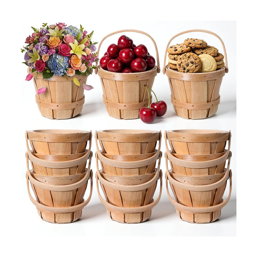 10 Pcs Mini Wooden Apple Baskets, 5.1 x 3.9 Inch Small Harvest Baskets Bulk Round Woven Farmers Market Berry Basket