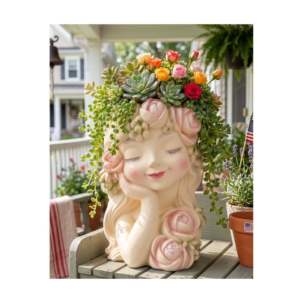 Decorative Garden Fairy Head Planter - Resin Flower Pot, Succulent Planter Holder, Tall Face Planters Pots, Phrenology