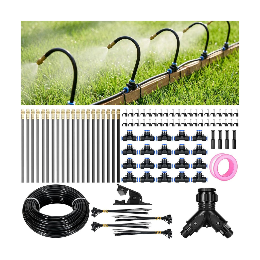 100FT Drip Irrigation System, 1/4" PE Tubing Garden Watering System with 20pcs 360° Bendable Copper Nozzles