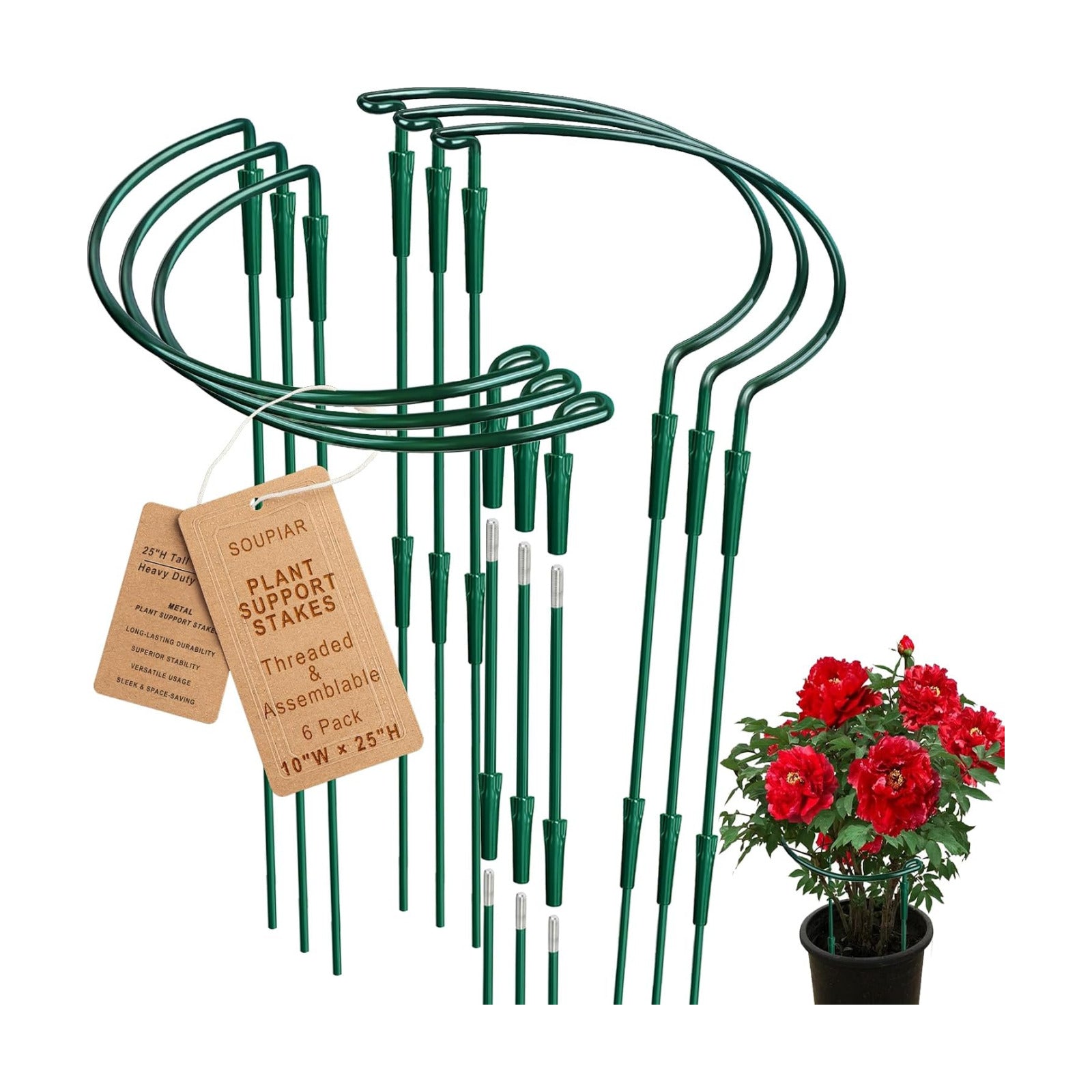 6 Pack Threaded Lock Metal Plant Support Stakes - 25" H Tall Peony Cage, Reusable Detachable Garden Ring for