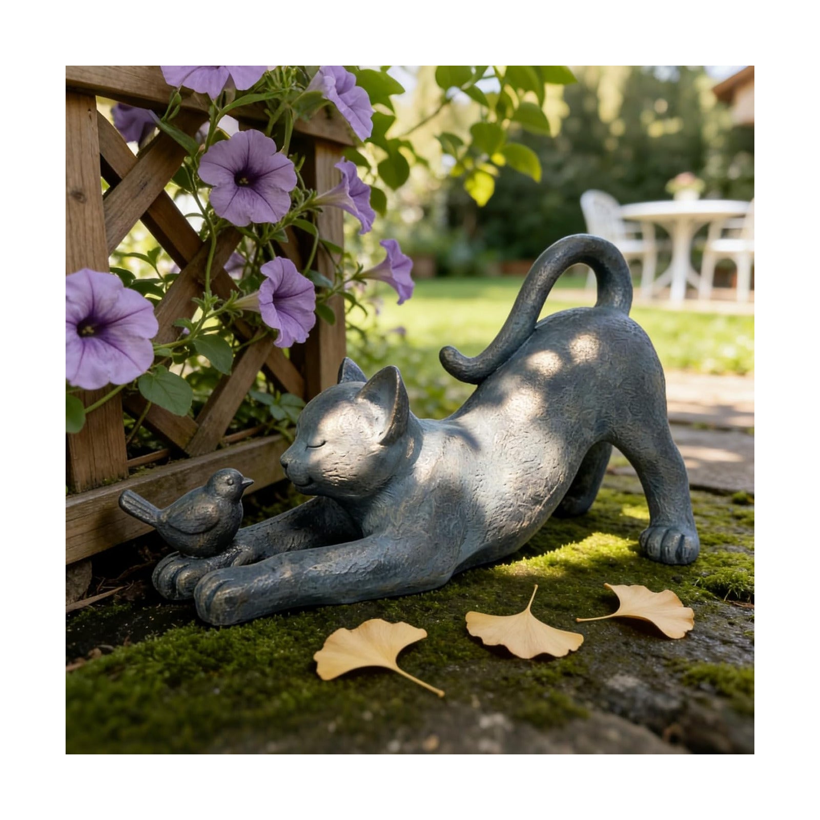 Cat Garden Statues Outdoor Cat-Figurines - Home Garden Decor 16 x 6 x 9.5 inch Resin Cats & Bird Playing Sculpture