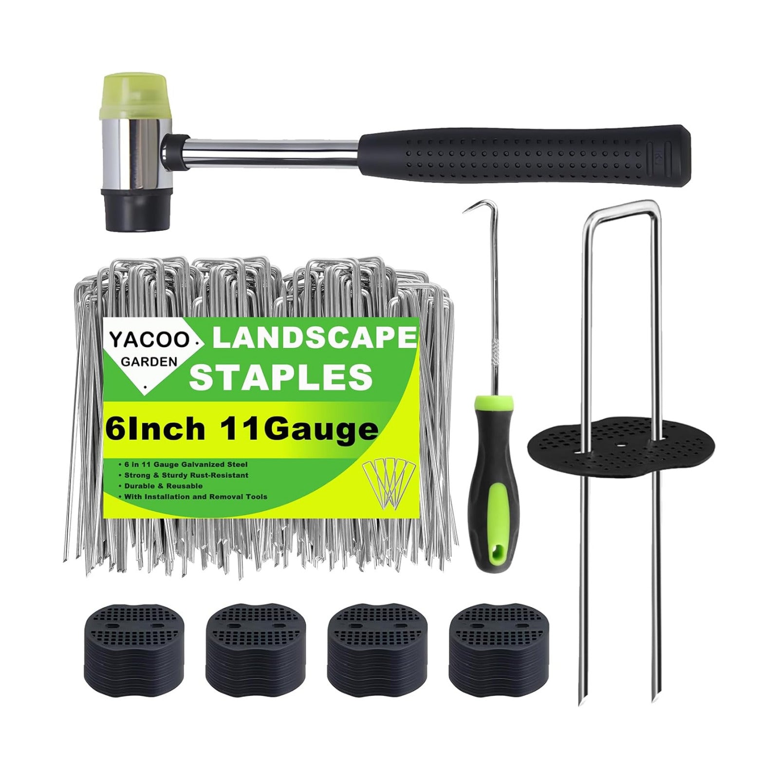 6 Inch Landscape Staples Set, 11 Gauge Galvanized U-Shaped Garden Stakes (100 Pack) with 100 Gaskets, Hook Tool &