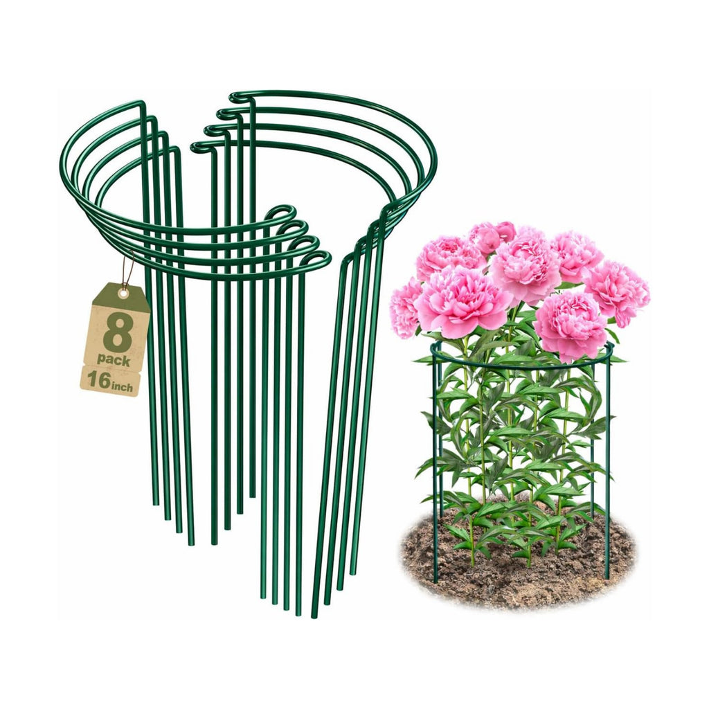 8 Pack Peony Support Cages, 10" W x 16" H Half Round Peony Plant Supports, Heavy Duty Metal Plant Support Stakes, Green