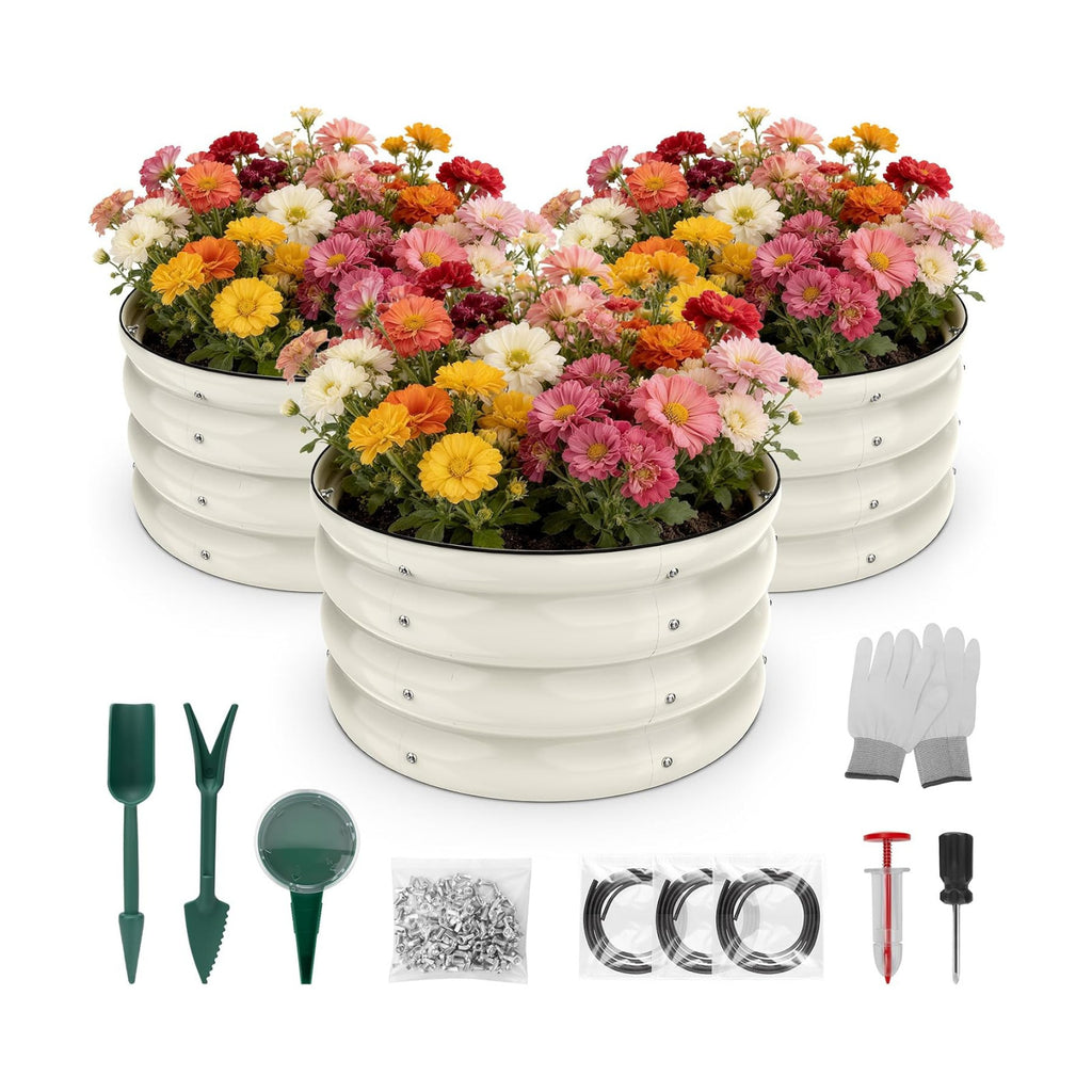 SHALL 3PCs Galvanized Raised Garden Bed Kit, 2x2x1ft Round Planter Boxes Outdoor W/Mini Seed Spreader, Disk Seeder, 2X