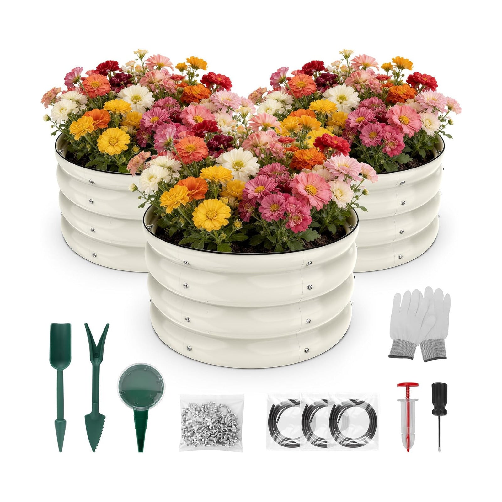 SHALL 3PCs Galvanized Raised Garden Bed Kit, 2x2x1ft Round Planter Boxes Outdoor W/Mini Seed Spreader, Disk Seeder, 2X