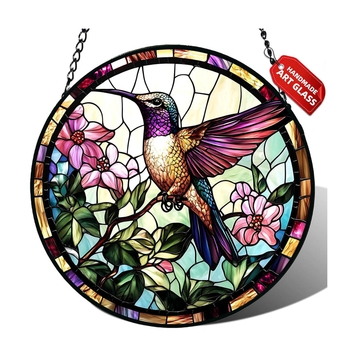Hummingbird Stained Glass Suncatcher Window Hanging Flowers Gifts for Mom