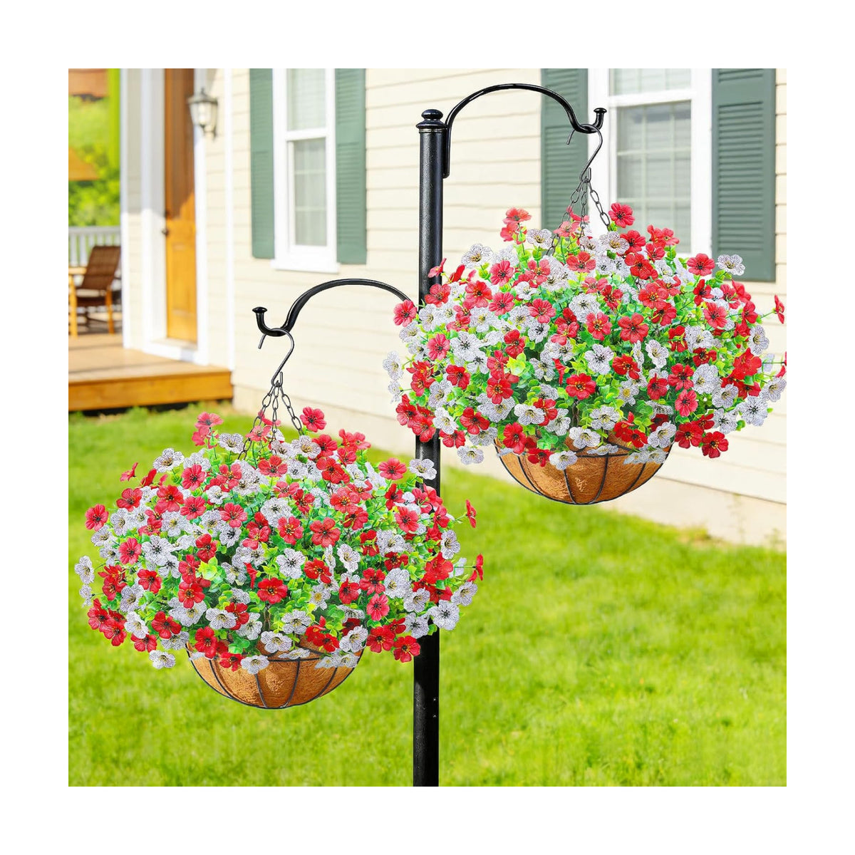 2 Set Artfiticial Hanging Flowers with Basket & Foam Outdoor,Red White