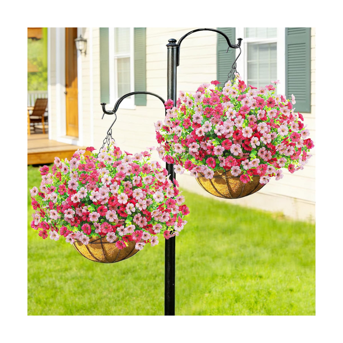 2 Set Artfiticial Hanging Flowers with Basket & Foam Outdoor,Pink Rose Red