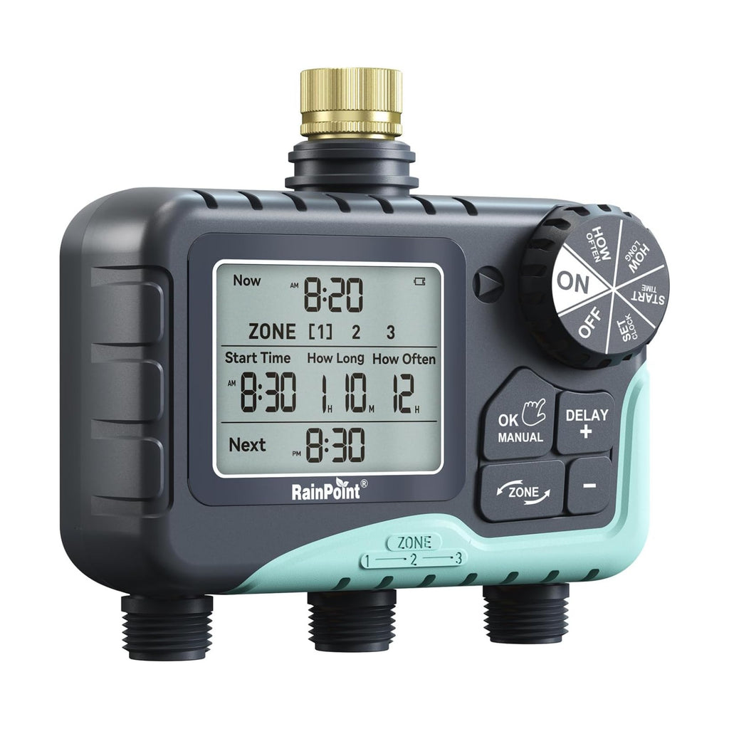 RAINPOINT 3 Zone Sprinkler Timer with Brass Inlet, Water Timer for Garden Hose,Rain Delay/Manual/Automatic Watering