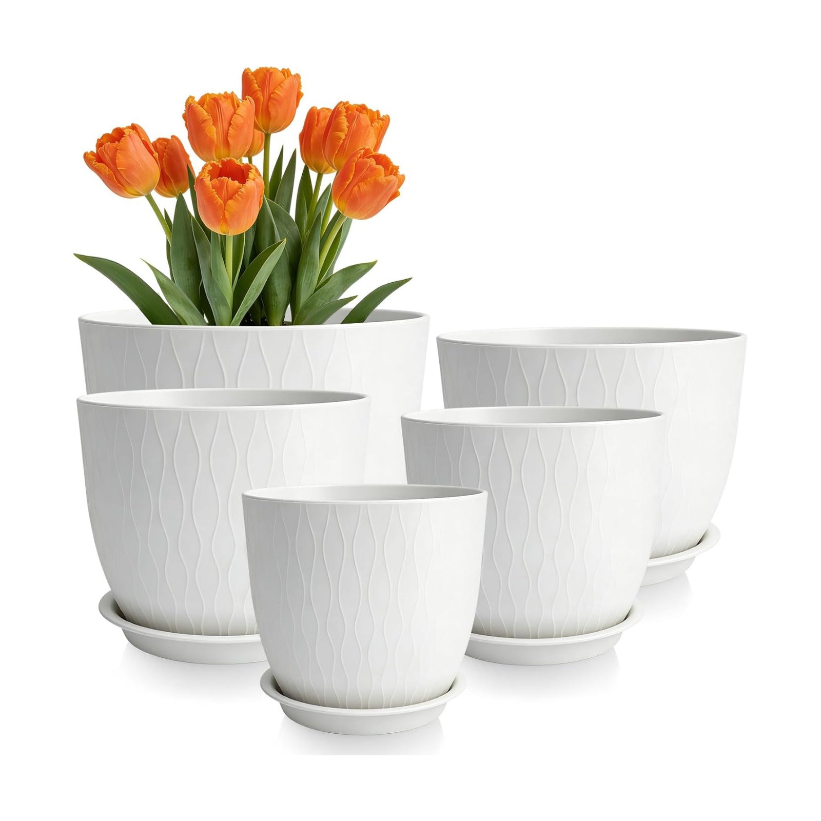 Plant Pots 10/9/8/7.5/7 Inch Plant Pots, Set of 5 Plastic Planters with Drainage Holes and Saucers,Plastic Flower