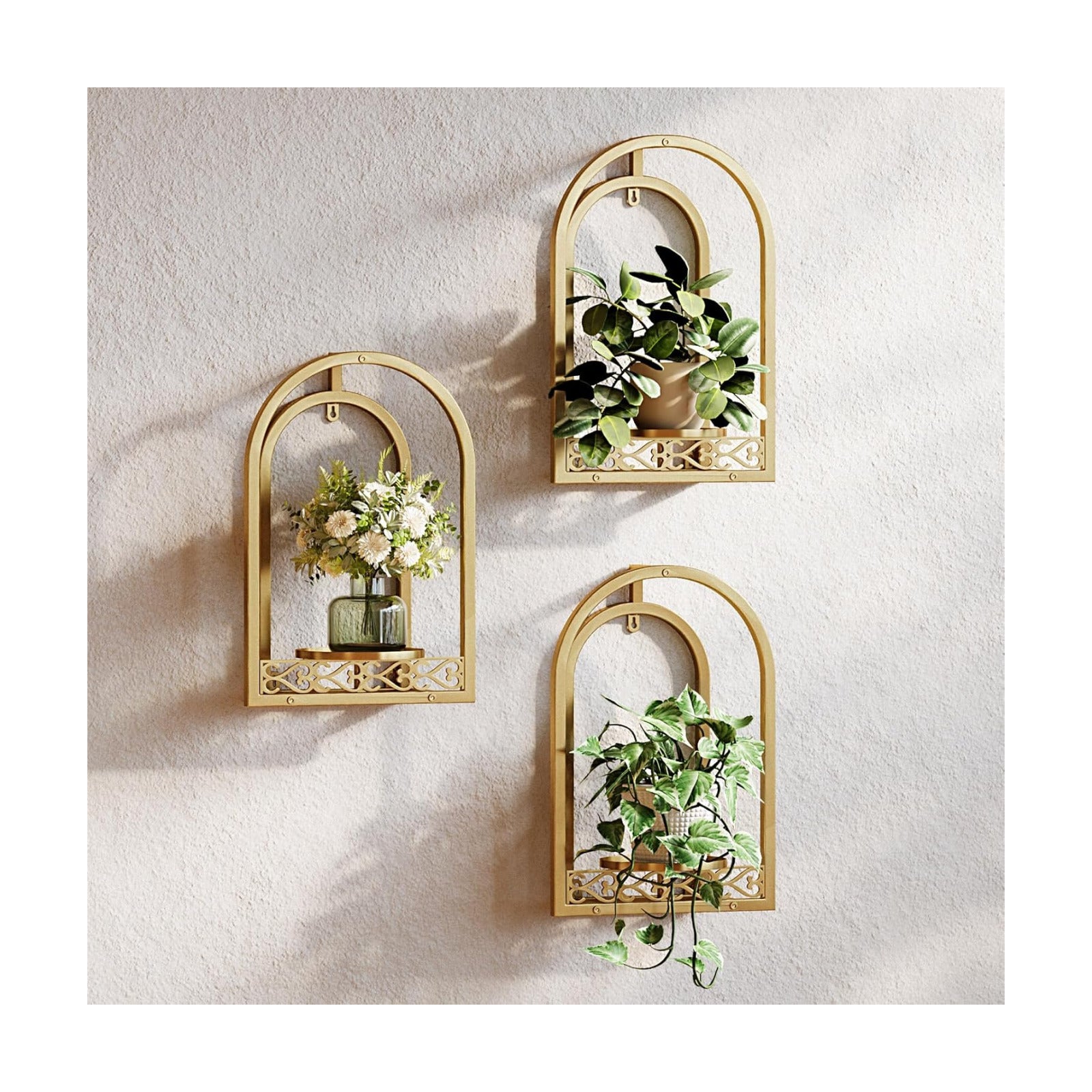 3 Pack Wall Plant Stand, Mid Century Iron Wall Decor, Gold | Space-Saving, indoor & outdoor plants, rustproof iron