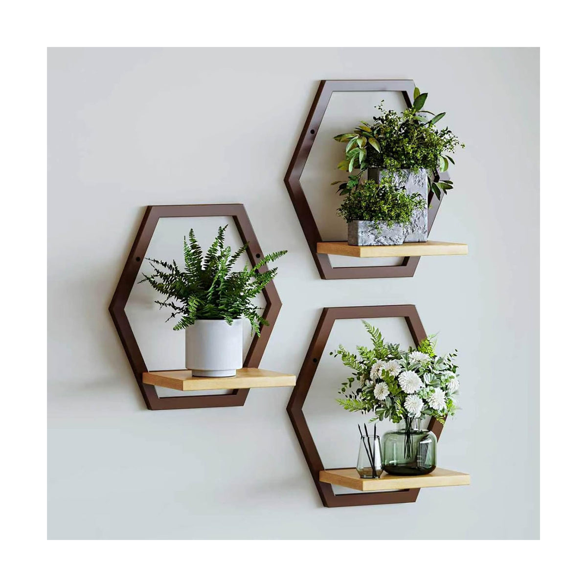 3 Pack Hexagon Wall Plant Stands, 9 Inch Wood Shelf, Coffee | Soild Wood,Metal Framework,Wall Plant Stand,Natural Wood