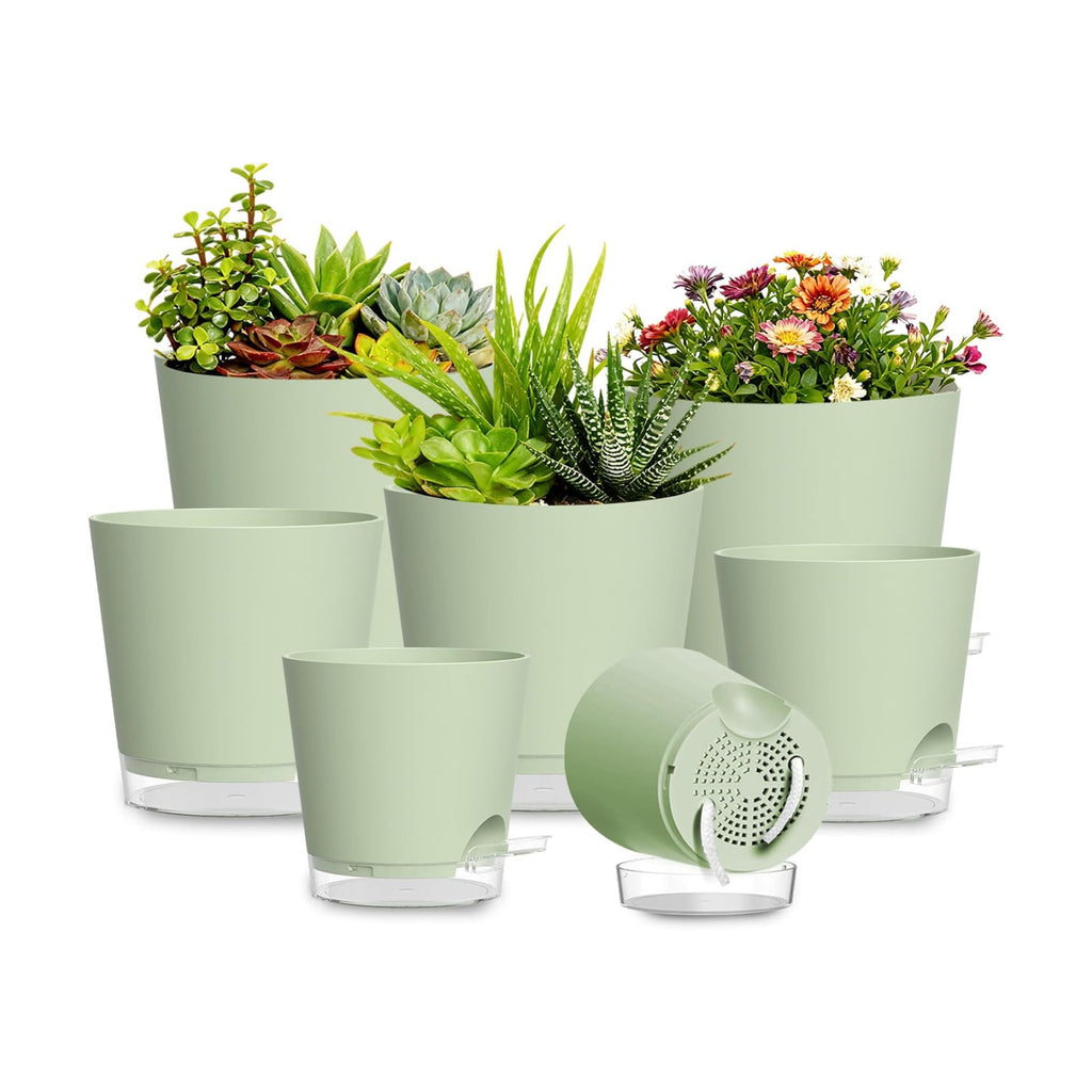 Plant Pots 4/5/5.5/6/6.5/7/8 Inch Self Watering Pots, 7 Pack Plastic Planters with Drainage Holes and Clear