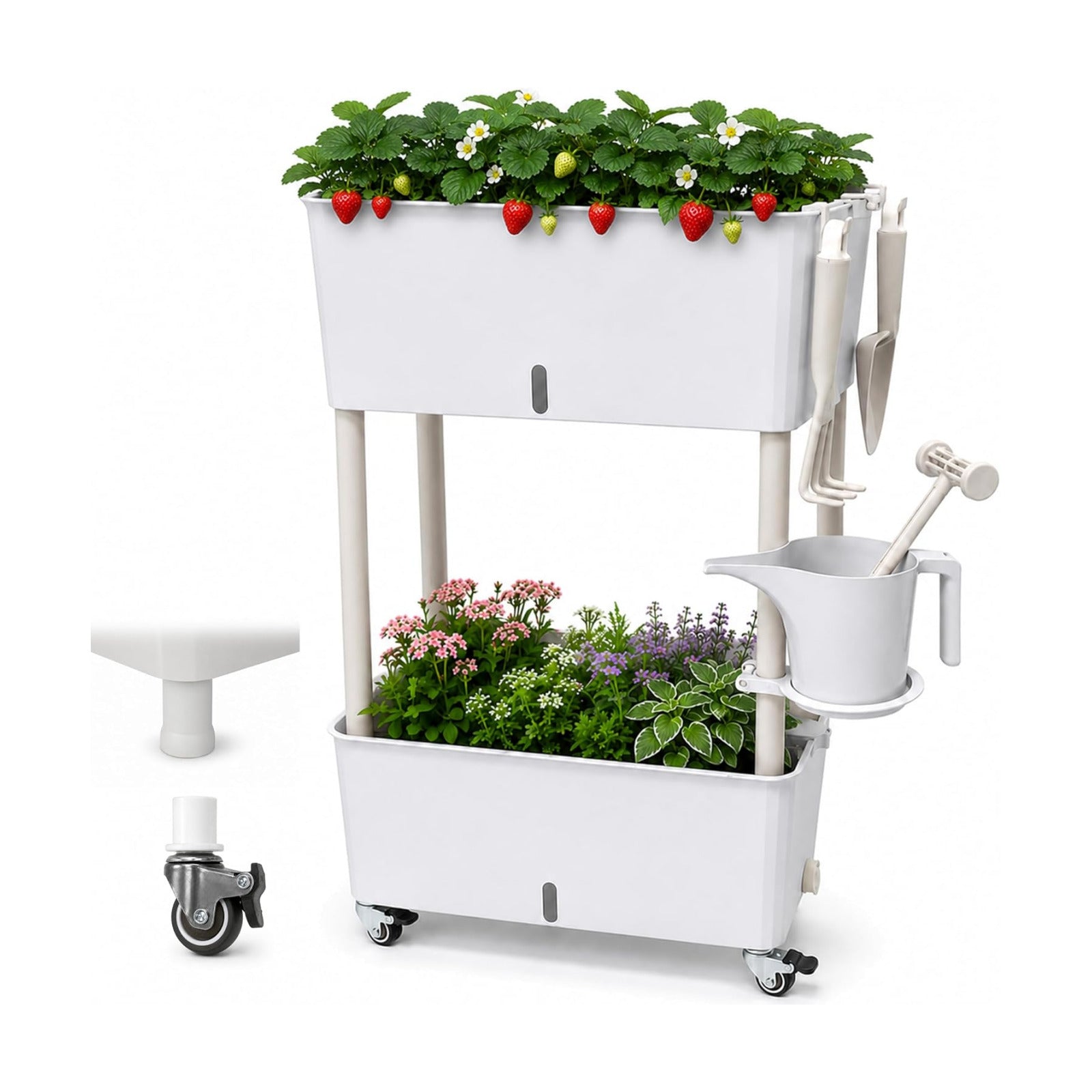 2-Tier 27.8"H Rolling Raised Garden Bed with Wheels, Self Watering Planter Box with Visible Water Level, Gray Rustproof