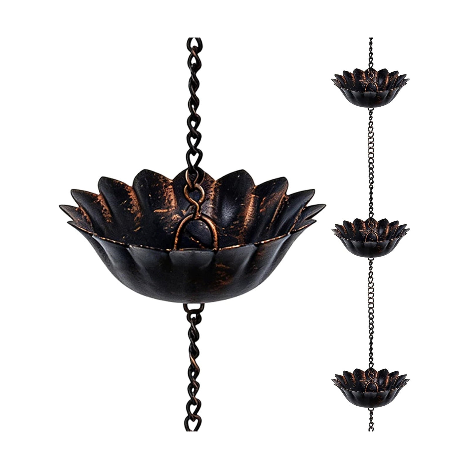 hogardeck 8.5FT Rain Chain with 12 Cups for Gutters Outside, Decorative Metal Rain Catcher with Adapter, Stake & Bell
