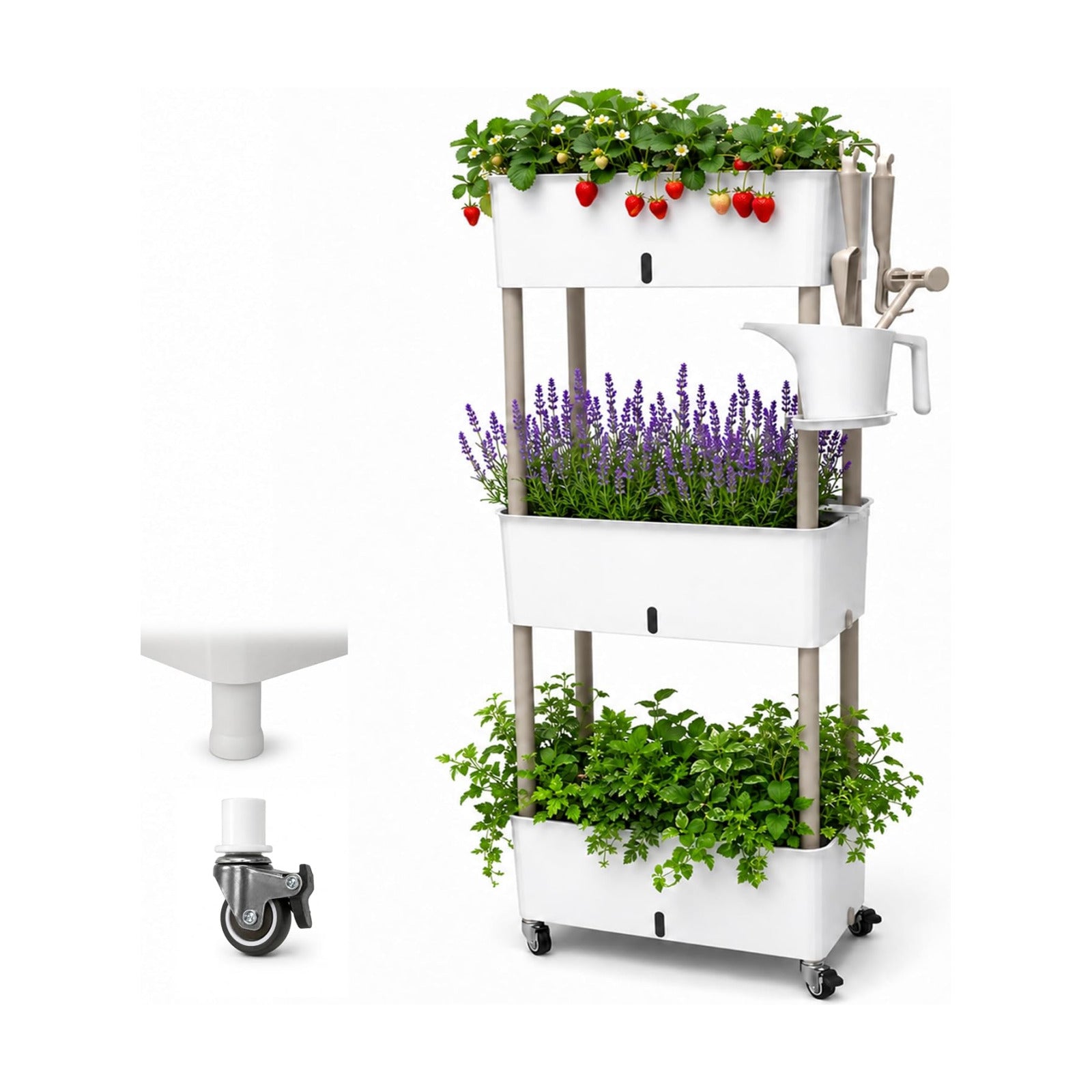 3-Tier 46.7"H Rolling Raised Garden Bed with Wheels, Self Watering Planter Box with Visible Water Level, Gray Rustproof