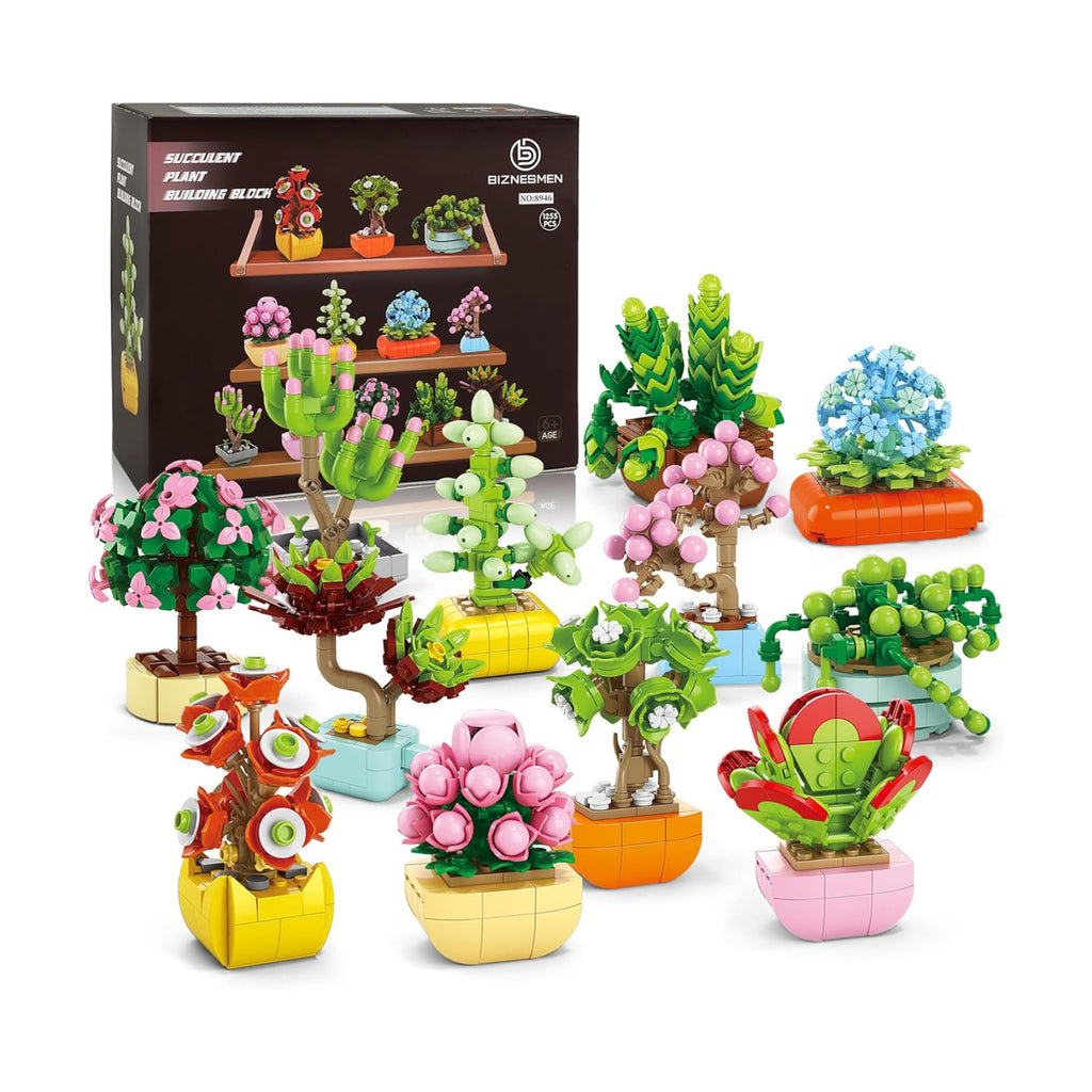 BIZNESMEN 12 Pack Succulent & Flower Building Block Set, 1255 PCS Botanical Garden DIY Kit - Creative STEM & Desk Decor