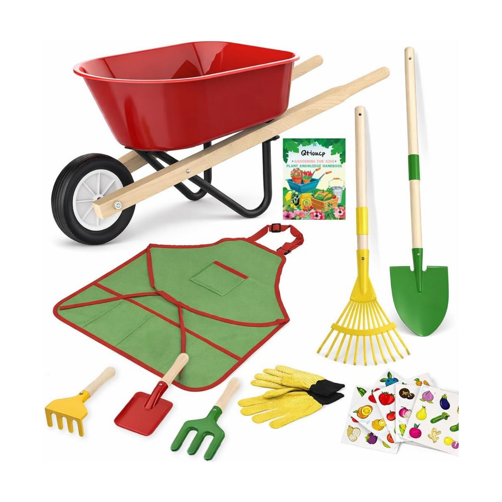 Qtioucp Kids Gardening Wheelbarrow Set, Metal & Wooden Garden Tools for Kids Ages 3-8, Real Wheelbarrows with Apron