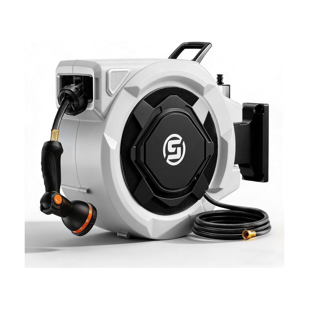 SUNPOW Retractable Garden Hose Reel - 1/2" x 100ft Wall Mounted Hose Reel with 3/4'' Brass Fitting & 10-Pattern Nozzle