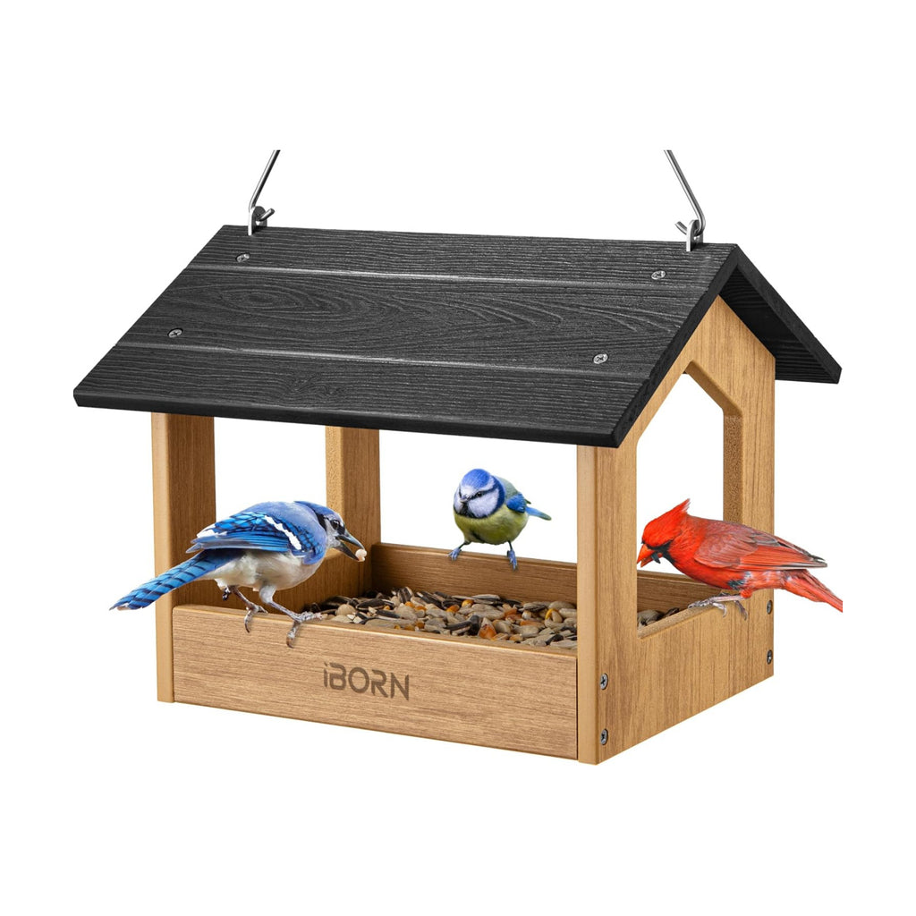 iBorn Pavilion Bird Feeder, Covered Platform Bird Feeder for Outdoors Hanging, WPC Recycled Plastic & Waterproof, Black