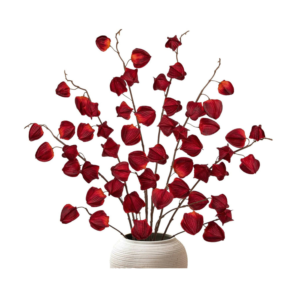 Oairse Artificial Chinese Lantern Flowers Stems - 6 Pcs Artificial Physalis Stems Faux Plants 29.5" Bendable Dark Red Fake Fall Berry Branches for Vase Bouquets Wedding Home Office Halloween Decor