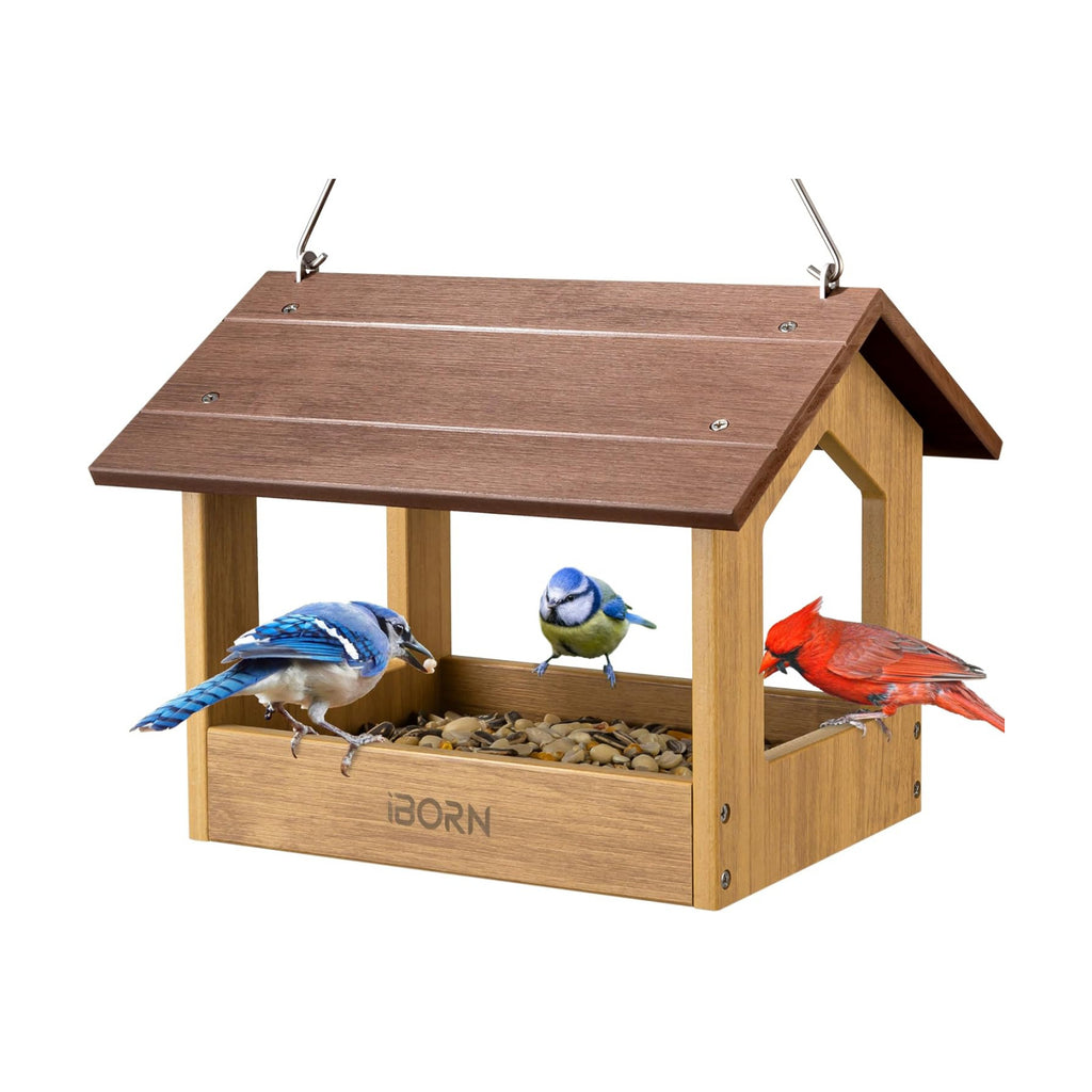 iBorn Pavilion Bird Feeder, Covered Platform Bird Feeder for Outdoors Hanging, WPC Recycled Plastic & Waterproof, Coffee