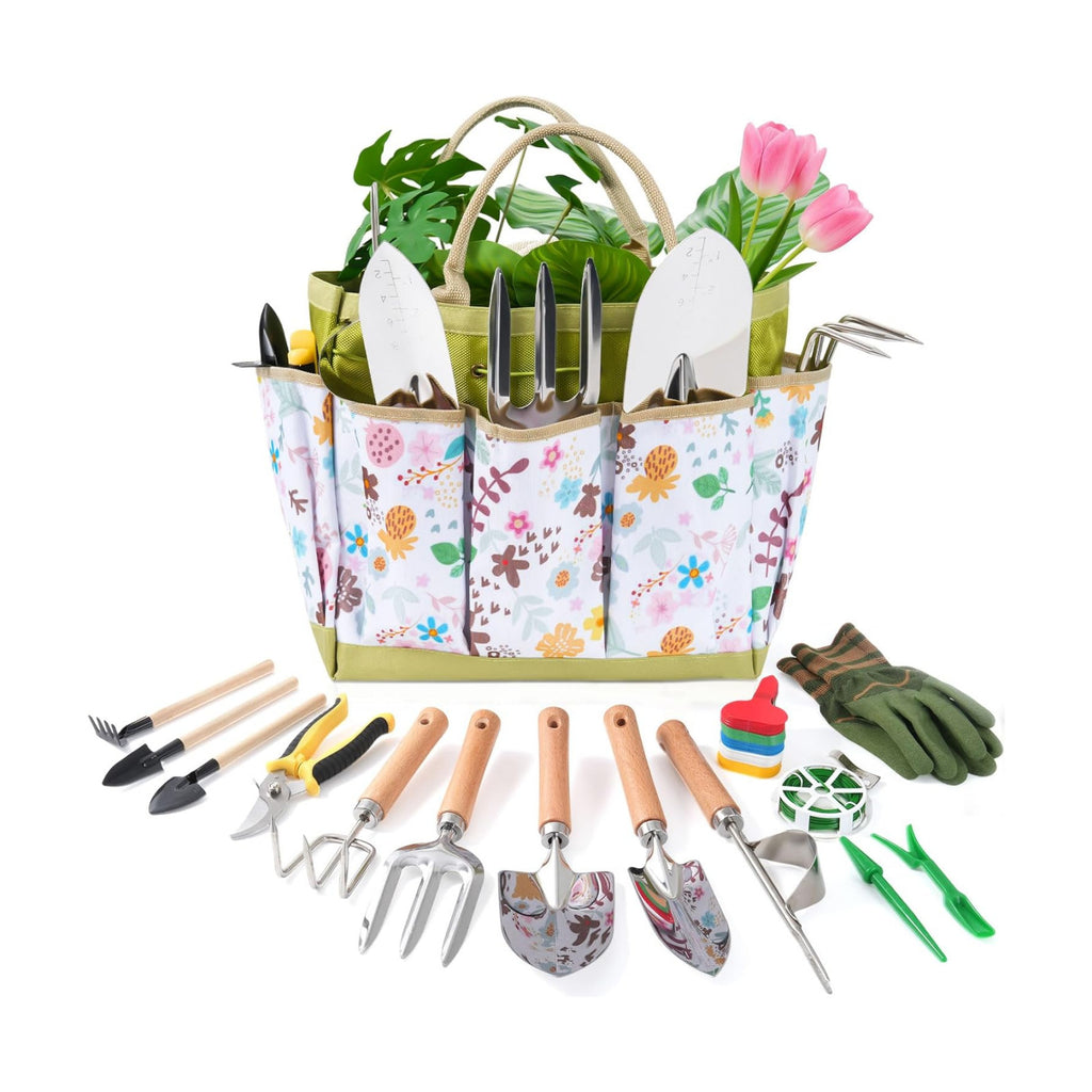 15-Piece Garden Tool Set for Women, Heavy Duty Gardening Kit with Floral Garden Bag, Steel Garden Hand Tools, Plant