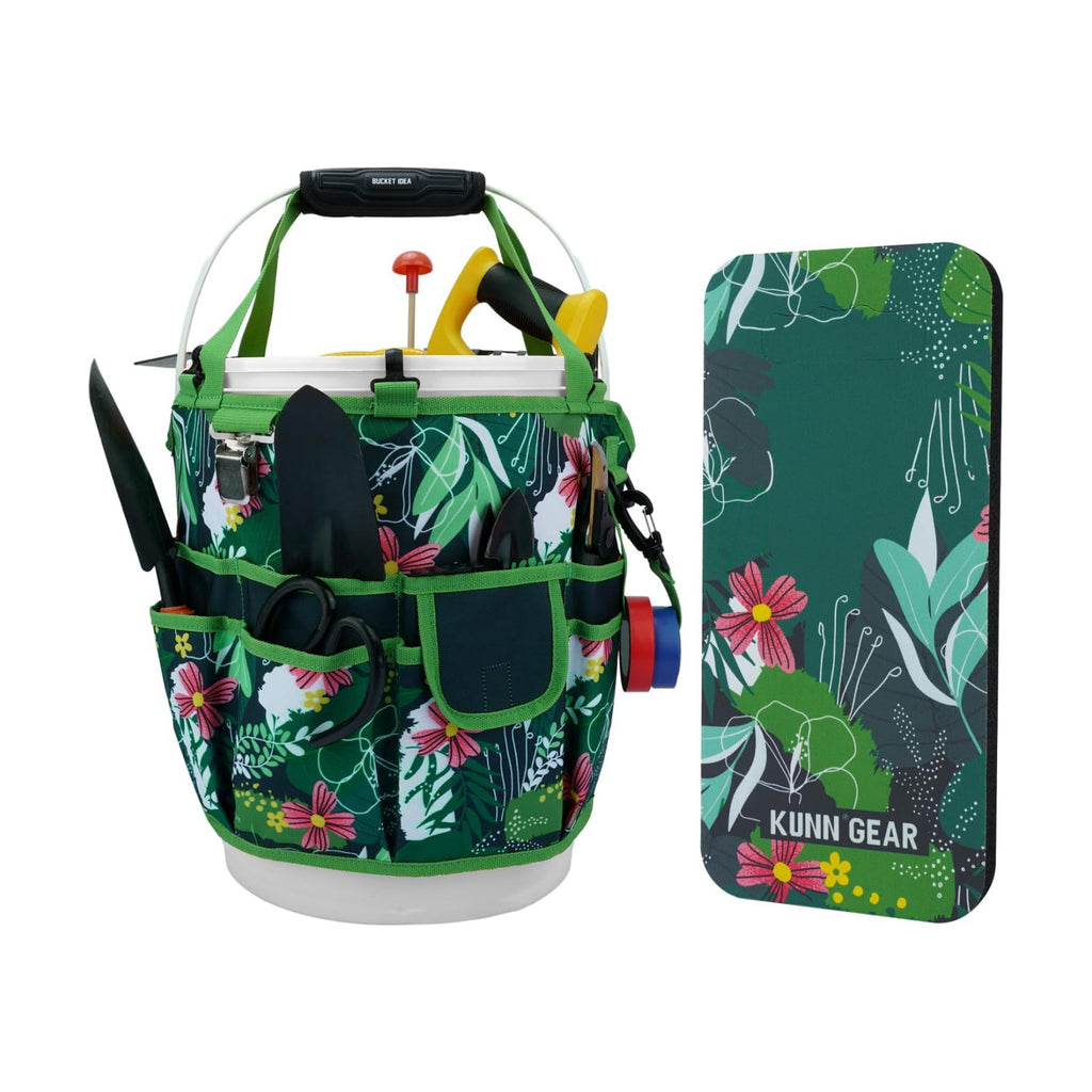 KUNN 5 Gallon Garden Bucket Tool Organizer & Kneeling Pad Set, 18-Pocket Heavy Duty Garden Caddy with Hangable Handle