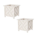 Lattice Design Outdoor Planter Box 2-Pack - 14.75” Square 13” Tall White Decorative Plant Pots for Front Porch Decor