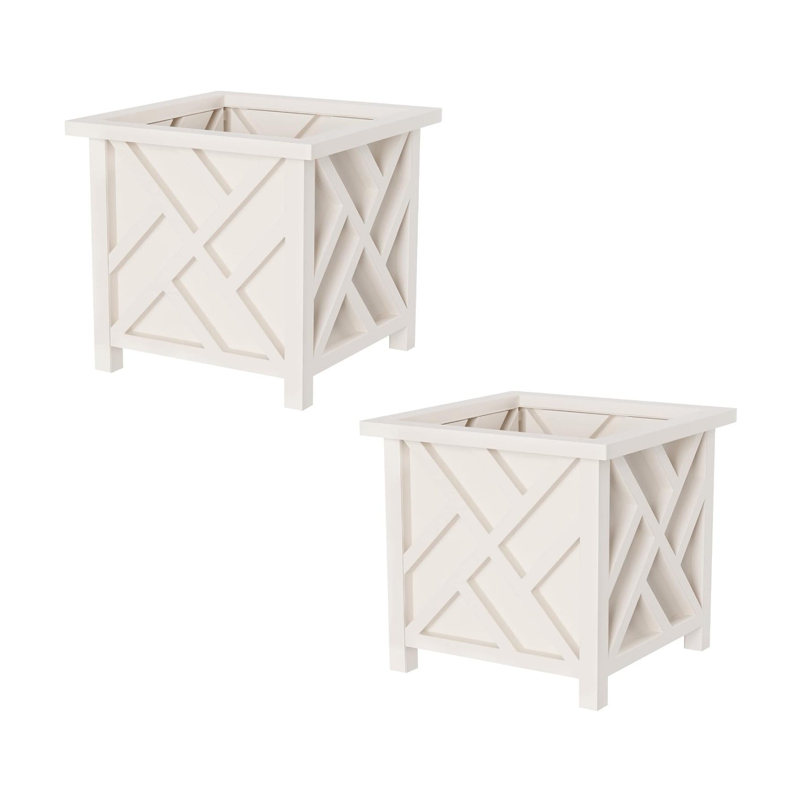 Lattice Design Outdoor Planter Box 2-Pack - 14.75” Square 13” Tall White Decorative Plant Pots for Front Porch Decor