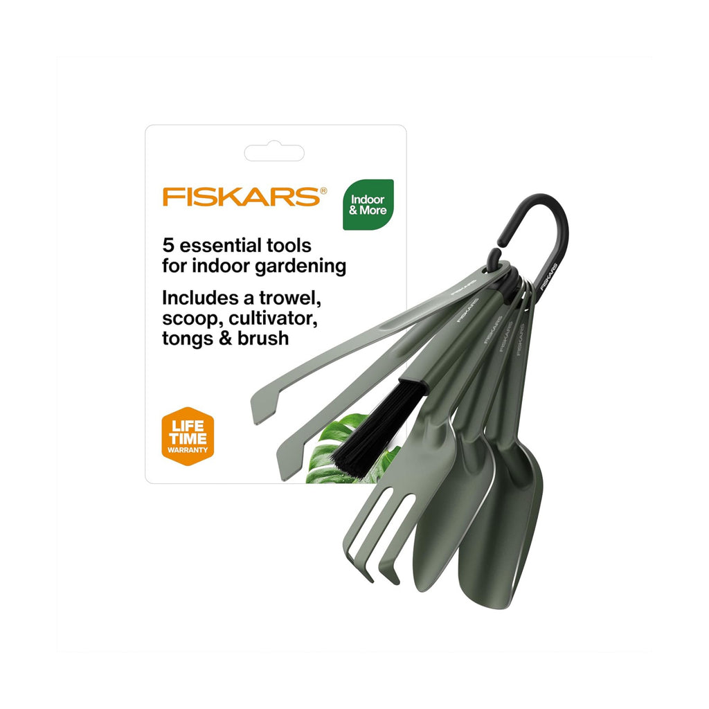 Fiskars 5-Piece House Plant Cultivating Tool Set for Indoor Gardening | Nesting Trowel, Soil Scoop, Cultivator, Tongs &