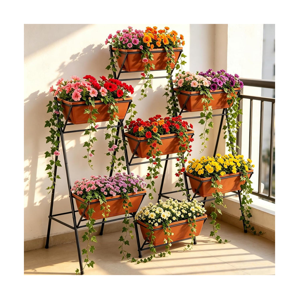 Raised Garden Bed Tiered Vertical Standing Planter Box Outdoor, Red | Metal, 7 Individual Planter Boxes, for