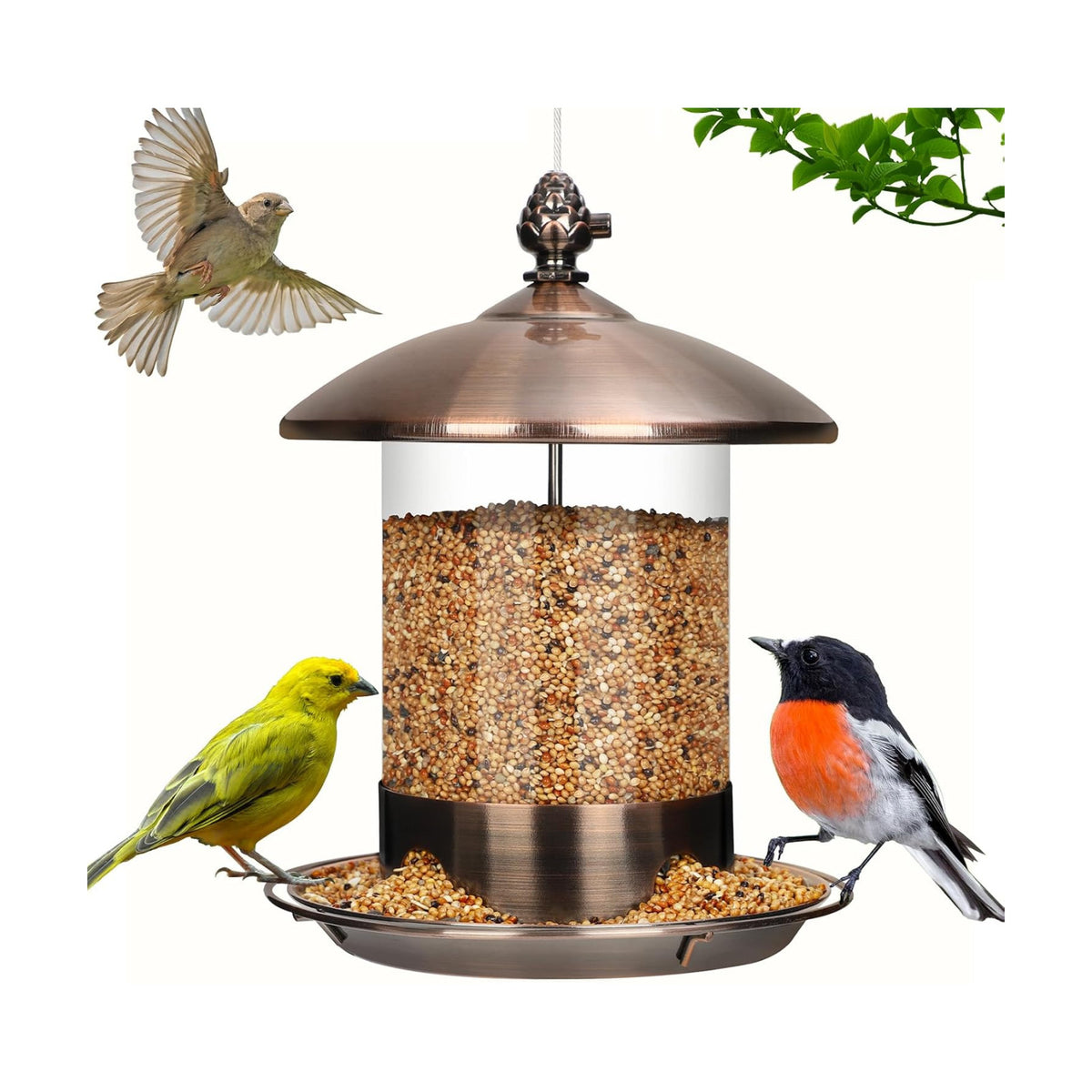 Gbekery Metal Bird Feeders for Outdoors Hanging, Weather Resistant Wild Bird Feeder with 360 Degree Feeding Tray, Copper