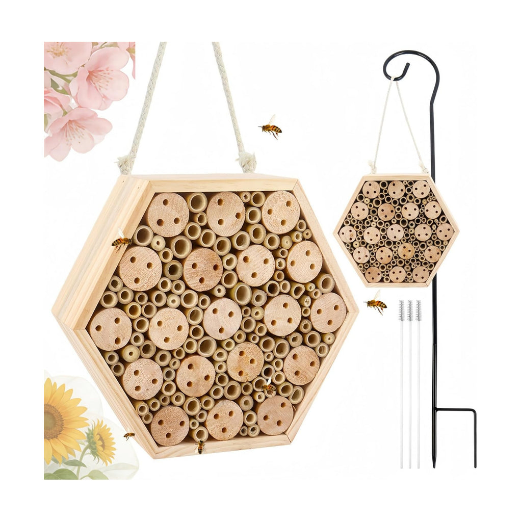 Mason Bee House, Natural Wooden Hexagon Bee House with Metal Stake & Cleaning Brush, Hanging Bees Box Habitat to