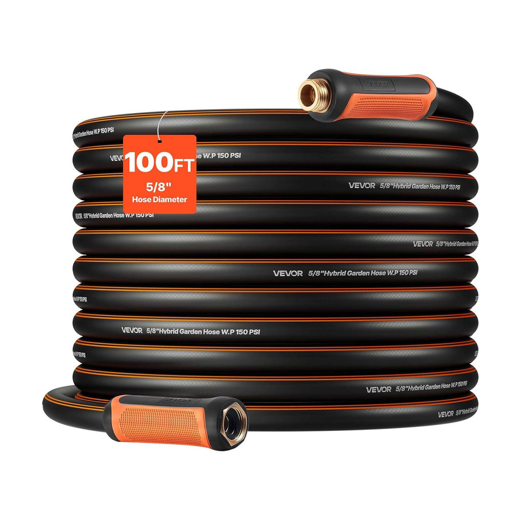 VEVOR Garden Hose, 100 ft 5/8" Heavy Duty 4-Layer Rubber Water Hose, 150PSI Working & 600PSI Burst, Flexible & Non-kink