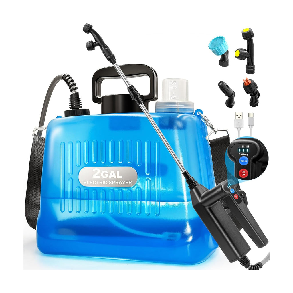 Battery Powered Sprayer 2 Gallon, Electric Weed Sprayer with 3 Adjustable Pressure Levels, 4 Nozzles & Extendable Wand
