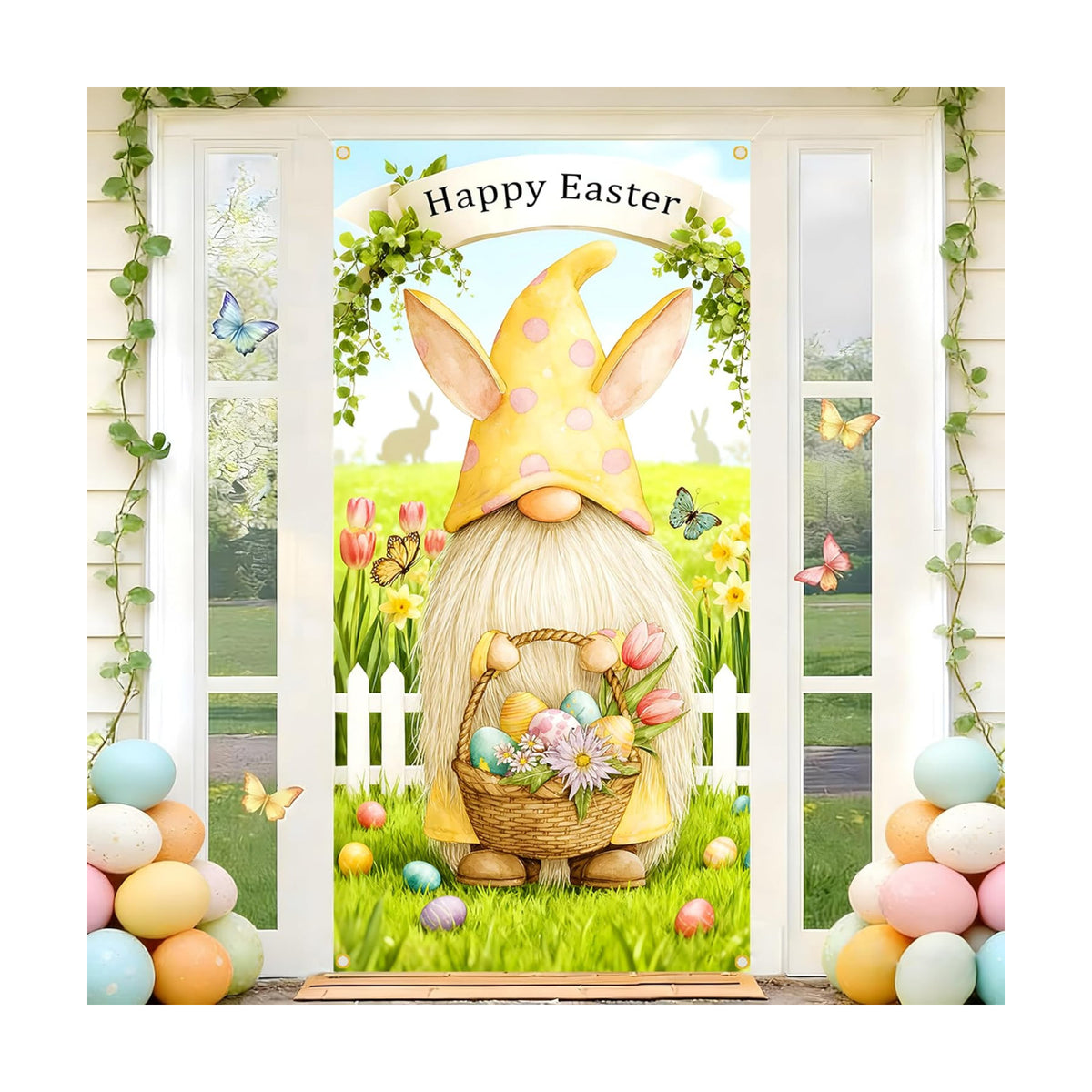 Easter Door Cover Banner with Gnome Design, Spring Front Door Decoration for Porch & Home, 35.4×70.8in with Rope