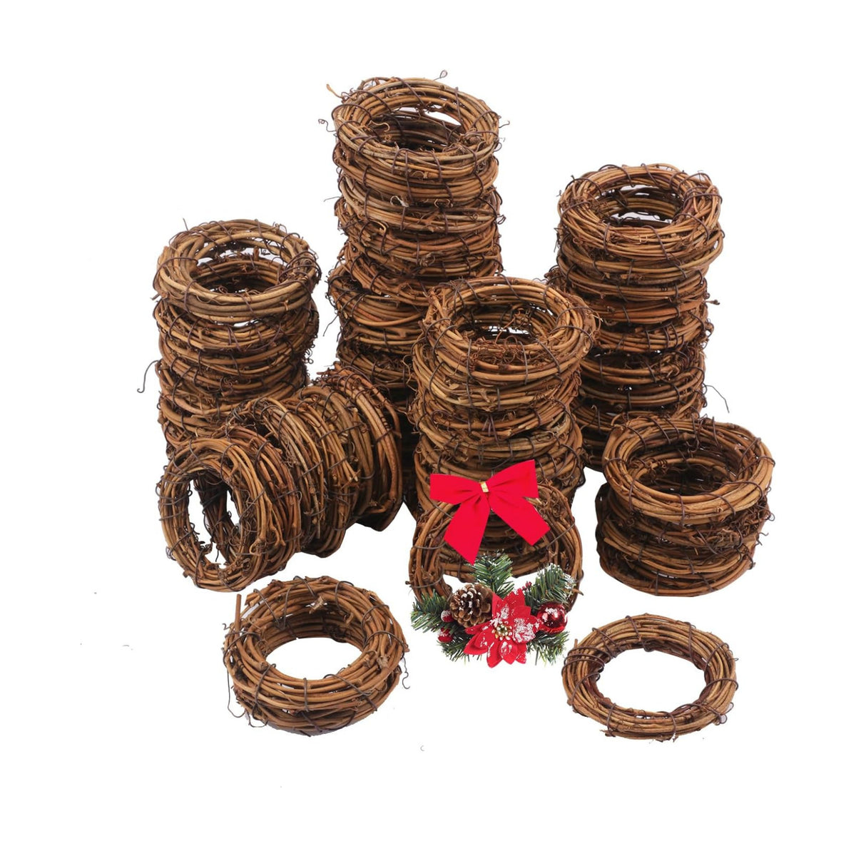 60 Pcs 2.4 Inch Natural Grapevine Wreath Set, Natural Rattan Wreath,Hand-Woven 2.4 Inch Vine Branch Wreaths, Perfect for DIY Crafts, Christmas Decorations, and Wedding Supplies