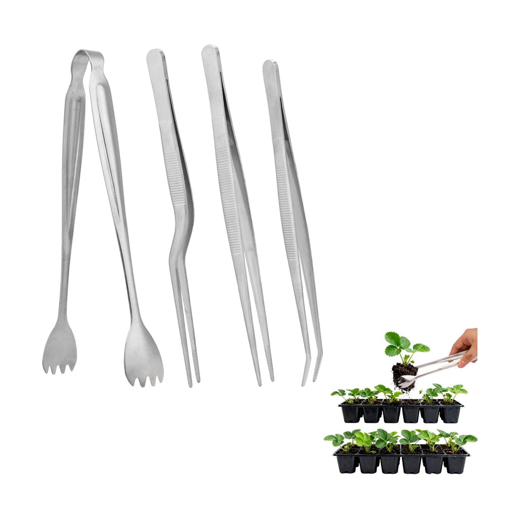 Seedling Transplant Tong & 3pcs Tweezers Set, Stainless Steel Long Thin Seed Starter Seedling Transplanting Pliers Gardening Planting Tool Stuffer Supplies for Plant Lowering Root Damage (Silver)