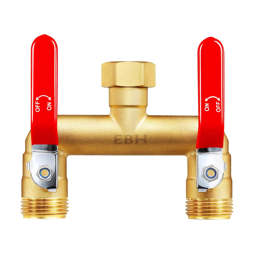 EBH Garden Hose Splitter, 2-Way Full Flow Brass Heavy Duty Outdoor Hose Manifold with Extra Long Handles Shutoff Valves