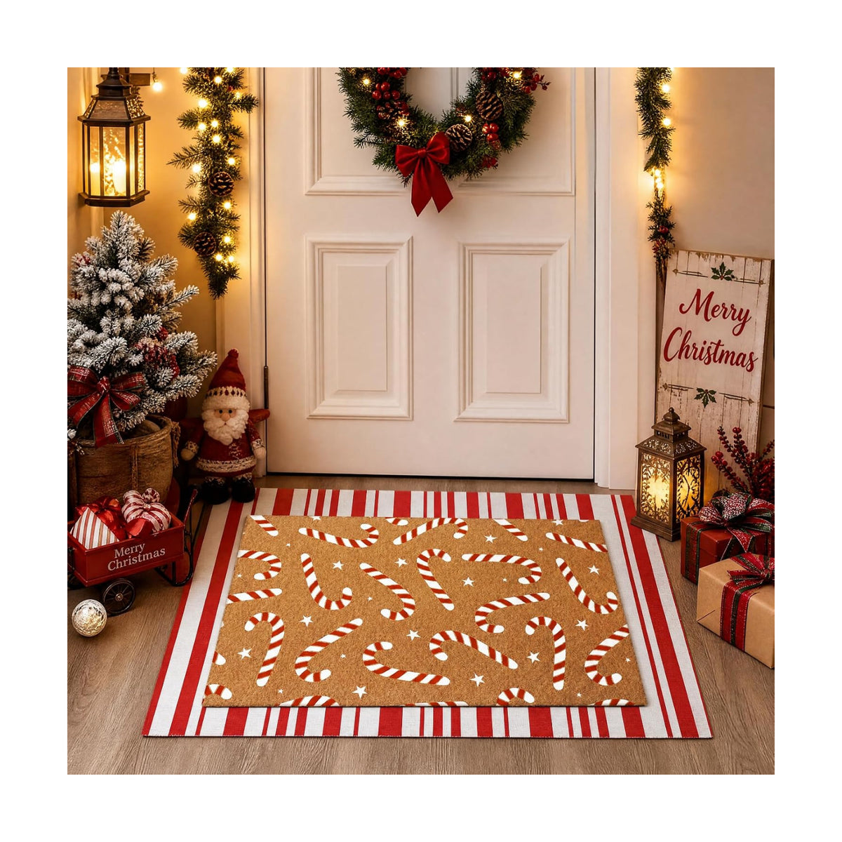 Tinideya 2 Pcs Christmas Layered Doormat Set, Candy Cane