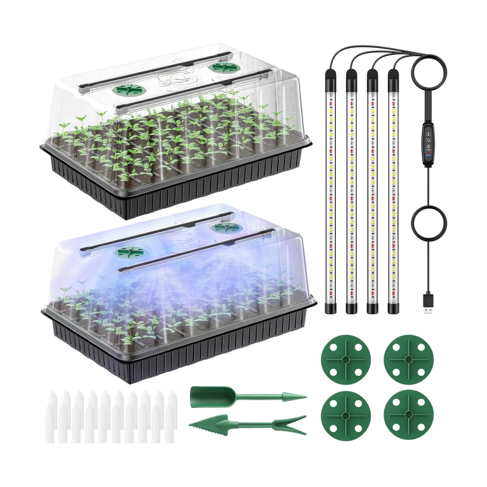 Pawfly 2 Pack Seed Starter Kit, 120 Cells, Seed Starter Trays | Adjustable Grow Light Bars & 4" Humidity Domes, Indoor